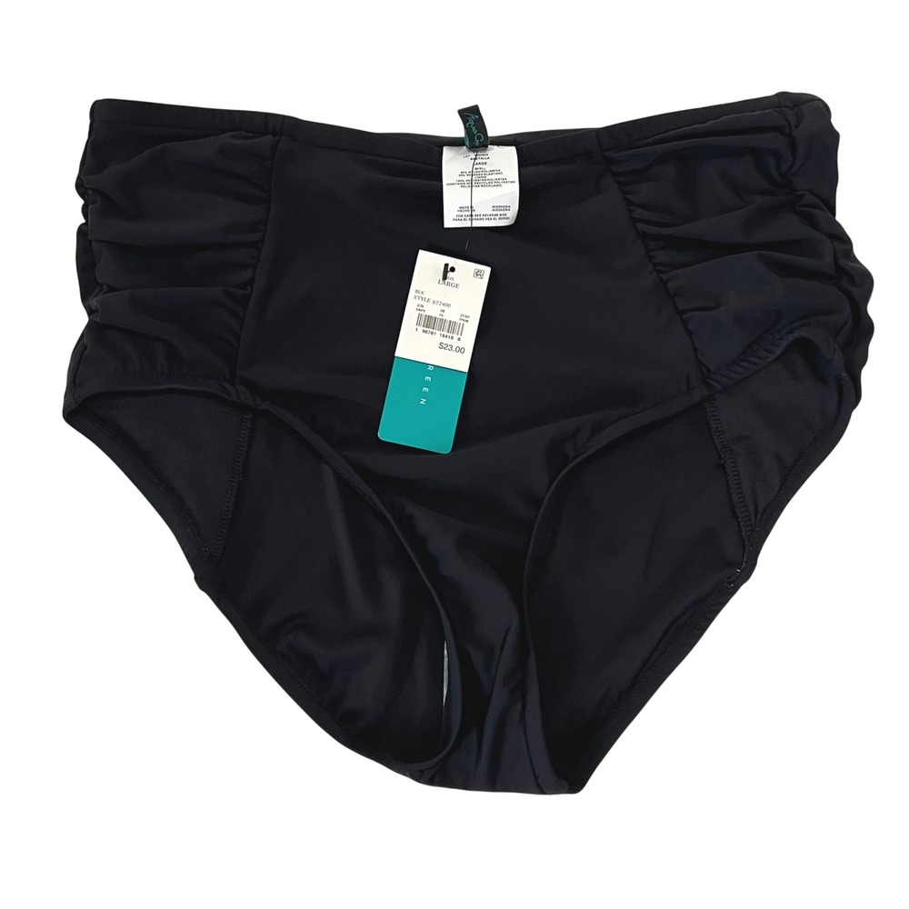Aquagreen Women's Large Black Ruched Swim Bottom NWT High Waist Bikini Bottom